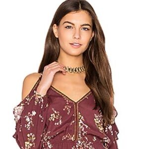 ASTR Burgundy Floral Cold-Shoulder V-Neck Blouse